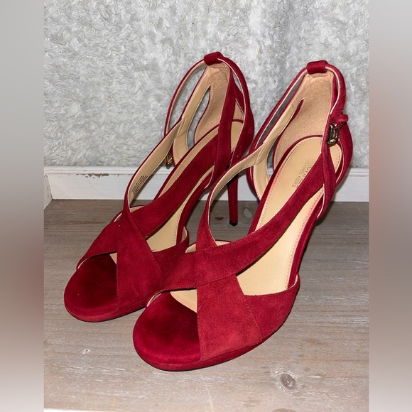 Michael Kors Womens Becky Sandal Size 8 Red Suede High Heel Strappy Ankle Strap - Picture 1 of 7